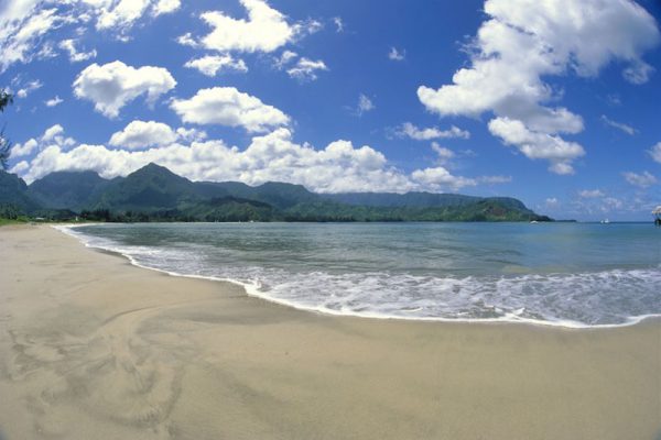 Hawaii, Kauai, Hanalei Bay And Beach, Bali Hai And Mountain Range In Background